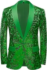 [LiveZou] Men's Slim Fit Shiny Sequins Tuxedo Blazer One Button Suit Jacket for Dinner Prom Party Wedding
