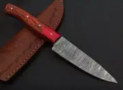 Damascus Hunting Knife 9.5" Hand made Fixed Blade Densified Wood Handle + Sheath