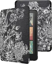 WALNEW Case for 7" Kindle Paperwhite 12th Generation 2024 & Kindle Paperwhite Signature Edition 2024, All-New PU Leather Protective Case Cover with Auto Wake/Sleep, Black Flowers