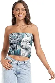 [RPLIFE] Dream Catcher and Wolf Cropped Tube Top Strapless Top, Mesh Tube Tops, Sexy Tube Tops (S)