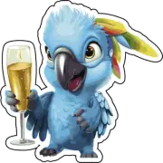 blue parrot holding a glass of champagne | Laminated Vinyl Decal Sticker Label