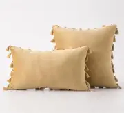 Pack of 2 Velvet Soft Solid Decorative Throw Pillows with Tassels Fringe Boho Accent Cushion for Couch Sofa Bed, Khaki