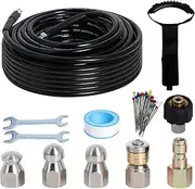 50FT Sewer Jetter Kit for Pressure Washer, 5800PSI Water Jet Durable Drain Cleaner Hose 1/4 Inch NPT Corner with 4 Specialized Nozzles，Waterproof Tape, Pearl Corsage Pin, Handle Strap & 2 Spanners