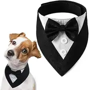 Tuxedo Bandana Collar With Bow Tie - Dog Wedding Attire, Birthday Costume, Valentines Outfit - Adjustable Pet Party Tux for Small Medium Large Pets (Black, L)