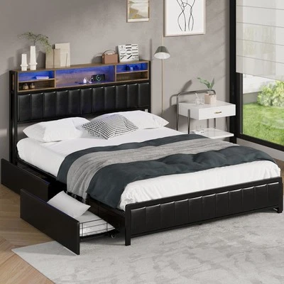 Oikiture Bed Frame Queen Size with LED Storage Bedhead 4 Drawers Leather