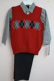 WT NVan Heusen Boys Holiday Outfit 3 Piece Size 5 Argyle Sweater Vest