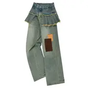 [Andersson Bell] Patchwork Denim Pleats Skirt Jeans