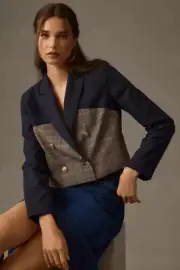 Jason Wu $240 Navy Linen & Plaid Double Breasted Cropped Blazer Size S