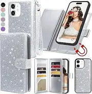 Varikke for iPhone 11 Wallet Case Detachable with Card Holder for Women Girls, Fashion Glitter PU Leather Wrist Strap Strong Magnetic Flip Wallet Removable Phone Case Cover for iPhone 11 6.1", Silver