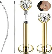 [ZS] 1 Pair Internal Thread Labret Lip Stud, 316L Stainless Steel Philtrum Ashely Jewelry 18G Flat Back Earrings Studs CZ Tragus Helix Nose Nostril Piercing for Women Men