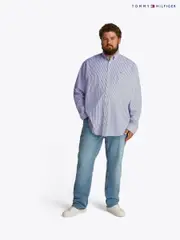 Tommy Hilfiger Blue Regular Fit Plus Flex Poplin Stripe 100% Cotton Shirt (AW8549) | $173