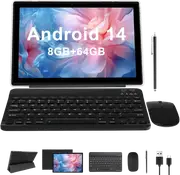2 in 1 Tablet 10 Inch Android 14 OS Tableta, Tablets with Keyboard, Mouse, Case, Stylus, 64GB ROM+8GB RAM, 2MP+8MP Dual Camera, Quad Core Processor, 6000mAh Battery, 10.1 in FHD Tab (Black)
