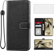 [Asuwish] Mobile Phone Case for Samsung Galaxy S24 Ultra 5G Case with Screen Protector Card Slot Foldable Leather Wallet Stand S24Ultra 24S S 24 24Ultra Mobile Phone Cases Protective Cover Phone Case
