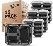 Freshware 15-Pack 3 Compartment Bento Lunch Boxes with Lids - Stackable, Reusable, Microwave, Dishwasher & Freezer Safe - Meal Prep, Portion Control, 21 Day Fix & Food Storage Containers (32oz)