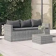 3-Seater Garden Sofa with Cushions Grey Poly Rattan Outdoor Seating, Patio Sofas