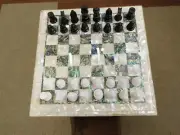 White Marble & MOP Stone Chess Board With Sets For Indoor Game Board Chess