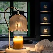 Candle Warmer Lamp, Flower Glass Candle Warmer Light with Timer, Dimmable Table Lamp, Vintage Candle Lamp with Marble Base, for Women, Mom, Female Friend, Romantic Vintage Style Gifts (White)