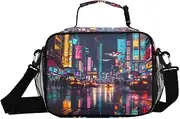 Cyberpunk City Landscape Insulated Lunch Box for Women Men - Ideal for Work, Picnics - Includes Adjustable Shoulder Strap