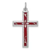 Sterling Silver Rhodium-Plated Red Enameled Cross Pendant