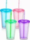 4 Pieces Insulated Double Wall Plastic Tumbler with Lids and Straws Reusable ...