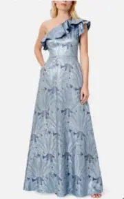 Aidan Mattox NWT Slate Blue Floral Ruffle One Shoulder Maxi Gown Dress Size 8
