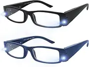 Reading Glasses with Light Bright LED Lighted Magnifier Nightime Reader Women Men Clear Vision Lighted Eye Glasses 2pk