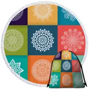 Multi Colored Panel and White Mandalas Round Beach Towel