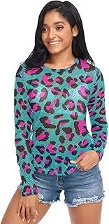[RPLIFE] Black Pink Leopard Print Teal Mesh Blouse for Women, See Through Tops for Women Sexy S-XXL
