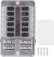 12 Way Fuse Box with Red LED Indicator Light Waterproof Cover 32V Fuse Holder for Car Truck Boat RV Trailer Safe PBT PC Brass Material