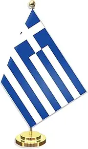 Greece Desk Small Flag Set,5×8 Inch Mini Greek Desktop Banner,12" Metal Solid Pole Decor,Tiny Digital Printed Polyester Banner With Golden Base