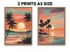 2 Prints Sunset on the Beach, Palm Trees Living Room Wall Picture Poster A3 Size