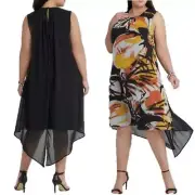 Dress Plus Size 14 16 TAKING SHAPE TS Black Orange Hi Low Sheer Evening