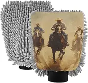 XYMZR Cowboys Group Horses Absorbent Microfiber Car Wash Mitt, Funny Cute Anime Scratch Free for Cars Cleaning, Home Cleaning Mitts, 2 Pack, 10.24” L x 7.09” W