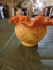 Fenton Burmese Dogwood Ruffle Vase Bowl Hand Painted By S. Walsh Glows