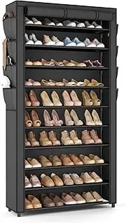 [VTRIN] Tall Shoe Rack with Cover, 10 Tier Shoe Organizer Storage for 50-55 Pairs Shoes and Boots Large Capacity Shoe Shelf with 8 Pockets Free Standing Shoe Rack for Closet, Entryway, Garage