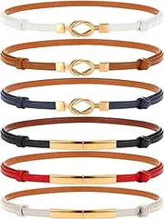 [Chuarry] 6 Packs Women Skinny Leather Belt Slim Adjustable Waistband Thin Women's Dress Belt Vintage Waist Belts for Ladies Girls, 0.4 Inches Wide, Brown, White, Navy, Black, Crimson, and Khaki, Medium