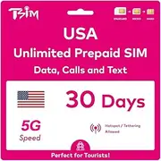 PrePaid USA SIM Card. Unlimited Incoming and Outgoing Calls/Text | Ultra High Speed 5G Data Allowance. Hotspot/Tethering/Internet Sharing Allowed. (Unlimited x 1 Month)