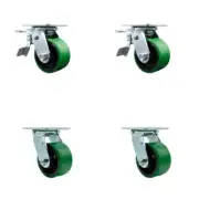 4 Inch Green Poly on Steel Caster Set with Ball Bearing 2 Total Lock Brake SCC