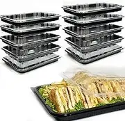 TRAYA Pack of 10 Reusable Sandwich Platter Trays with lids - Reusable Plastic Catering Trays with Lids for Meal Prep, Cakes, Treats and Sandwiches (33.5cm x 24cm x 7cm)