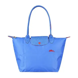 【LONGCHAMP】LONGCHAMP COLLECTION刺繡LOGO尼龍摺疊長把拉鍊肩背包(小/藍紫x紅)