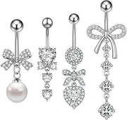 [Niaspi] 4Pcs 14G CZ Crystal Bowknot Dangle Belly Button Rings for Women 316L Surgical Steel Belly Rings Curved Navel Piercings Barbell Sparkling Body Piercing Jewelry, 20g, Stainless Steel, no gemstone