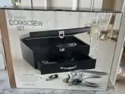 NIB 9 Piece Corkscrew Set in black wooden box w/storage drawer new