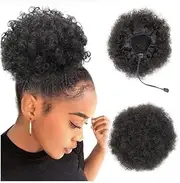 Hairpiece Human Hair Kinky Curly Ponytail Hairpiece 4 6 8 inch Afro Puff Drawstring Bun Hair Extensions Daily Use(4inches)