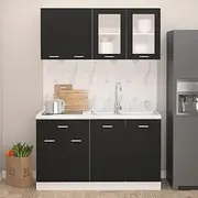 4 Piece Black Kitchen Cabinet Set, Engineered Wood Storage with Drawers, Shelves & Closet | Organize Your Pantry with Freestanding Hutch Furniture for Modern Cocina