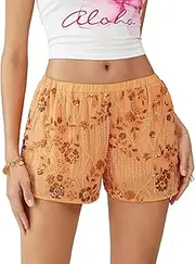 [Yoisdtxc] Women Sequin Mini Shorts Beaded Flower Elastic Waist Casual Shorts Summer Streetwear