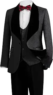 [HJQSC] Men's Suit 3-Piece Slim Fit Floral Print Tuxedo Set | Shawl Lapel Jacquard Blazer, Vest & Black Dress Pants