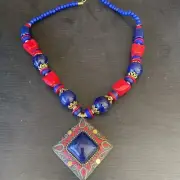 HANDMADE NECKLACE INDIA ETHNIC TRIBAL BOHO BLUE ANND RED BRASS BEADS