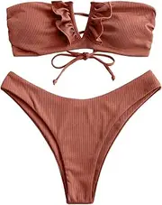 [ZAFUL] Women's Bathing Suit Adjustable Back Lace-up Bandeau Bikini Set