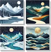 Bowetile Set of 4 Landscapes Framed Paint by Number Kits for Children, Paint by Number Kits on Canvas for Adults Beginners, Acrylic Number Painting for Room Decoration, 20 x 20 cm