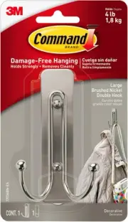 Command Large Brushed Nickel Double Hook, 1 Hook and 1 1 Pack,